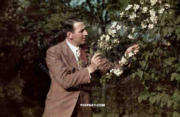 German gentlemen in suite and tie inspecting flower garden in Frankfurt 1939. War time agfacolor film.