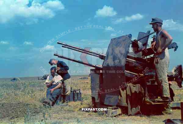 German hair dresser beside 20mm Flakvierling 38 Anti-Aircraft Gun on outshirts of Stalingrad Summer 1942