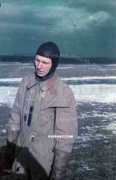 German Luftwaffe Airforce Glider Pilot in flying uniform with leather hat and glooves Lubeck airport 1943