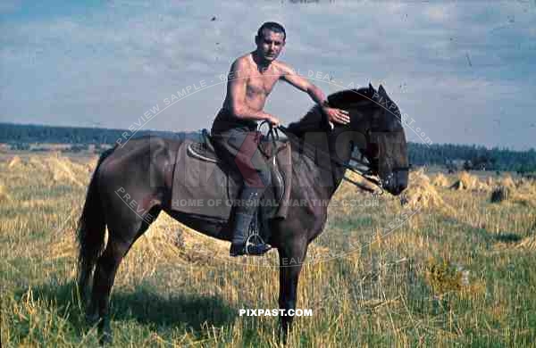 German Luftwaffe FLAK officer naked topless horse cavalry Russia field 1941 3. Flak Abt. 701 