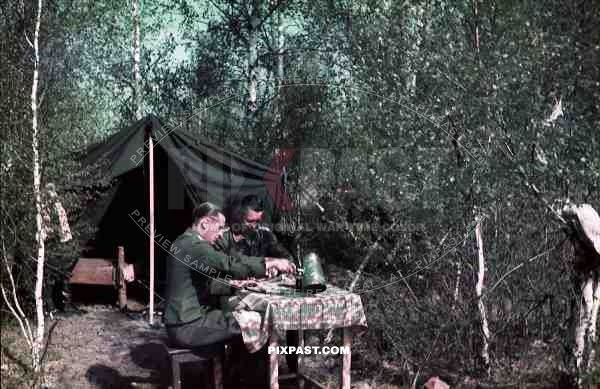 German Luftwaffe FLAK officers tent zeltbahn coffee Russia 1941 3. Flak Abt. 701 