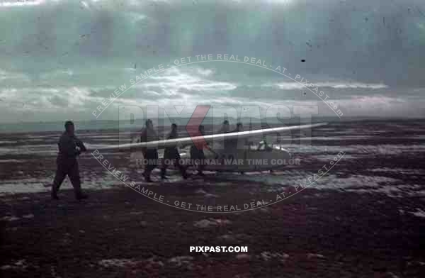 German Luftwaffe ground crew launching Glider plane in Lubeck airport Germany 1943