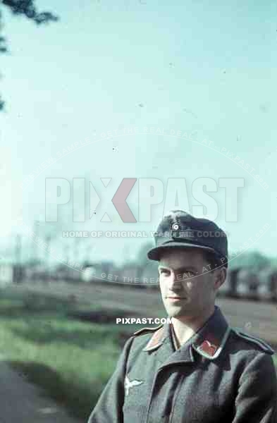 German Luftwaffe Ground Crew summer 1941 airbase with landing aircraft, portrait.