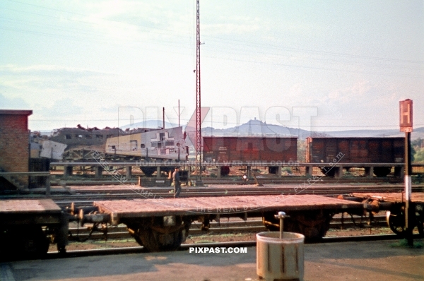 German Luftwaffe Junker JU Transport plane and Heinkel bomber wings on train freight cars in Magdeburg Germany 1945