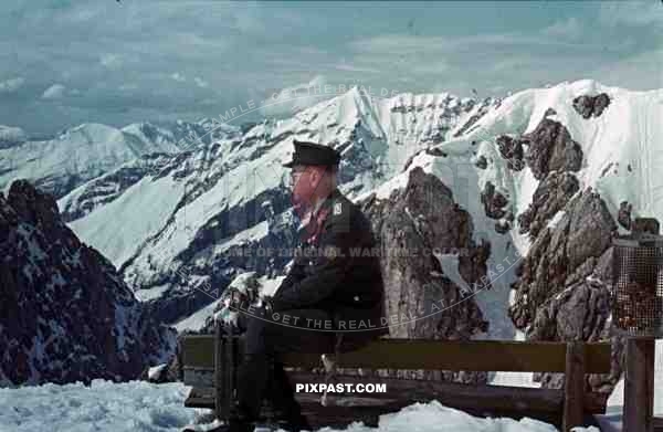 German Luftwaffe officer with ribbon bar and Krim shield in Norway mountains, snow winter 1943.