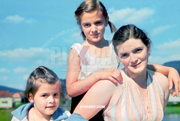 German mother with her two little daughters making a picnic. Heidelberg Germany Summer 1937