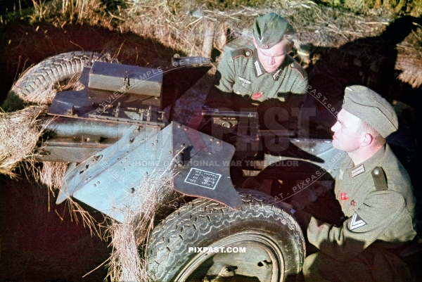 German PAK 36 cannon gun crew ready sight. 43rd Panzerjager Battalion. 8. Panzer-Division. CHOLM POCKET. August 1942