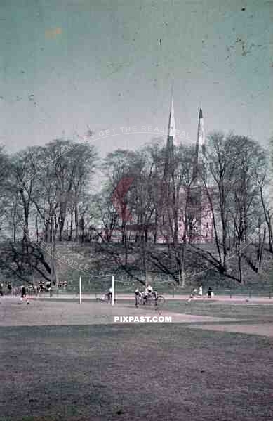 German School Children playing football infront of Lubeck Church 1943