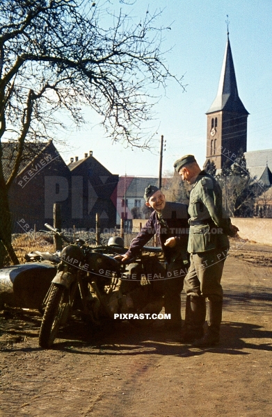 German soldiers with NSU motorbike with side car. Niederaussem Von-Galen Weg, Germany 1940 