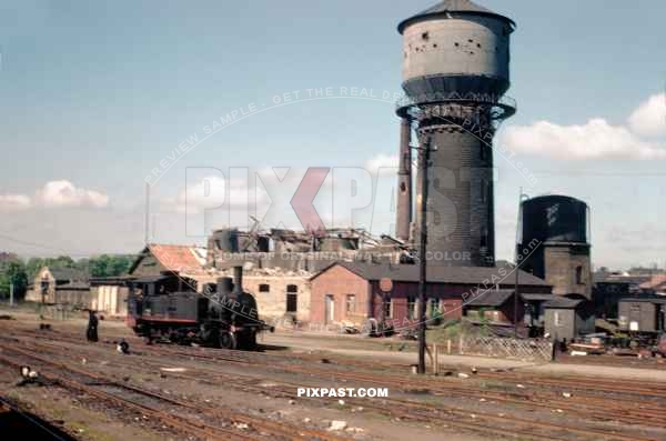 German steam train in Worms Germany 1945 train station.