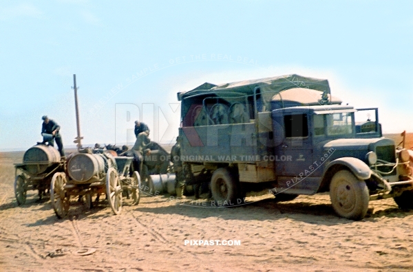 German Wehrmacht army truck with petrol tanks and radio Funk wire rolls. Russia 1941. 297 Infantry Division