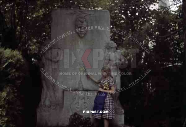 Girl at the Hugo Wolf tomb at the Vienna Central Cemetery, Austria 1939