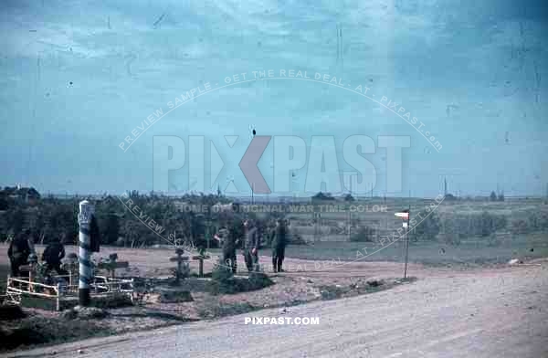 halftrack german soldier grave stones graveyard cross roads dust russian summer  19th Panzer Division Heeresgruppe Mittle 1941