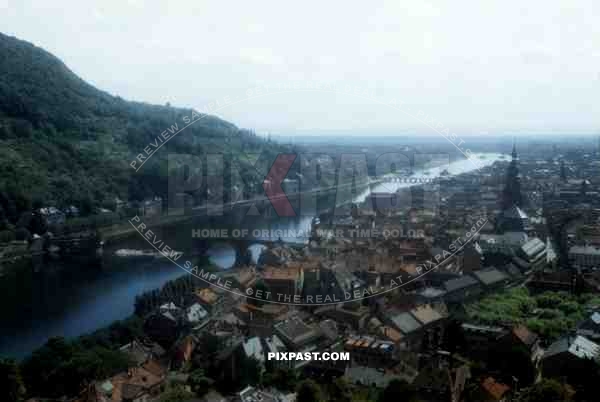 Heidelberg city 1945, Showing River Neckar beside Heiliggeistkirche Church and bombed Alte Brucke Bridge.