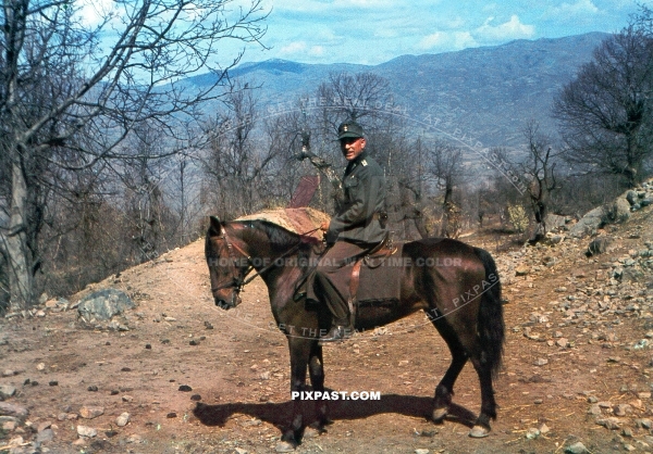 Invasion of Greece 1941. 304 Schutzen Regiment. 2nd Panzer Division. Army officer on horse. Gebirgsjager