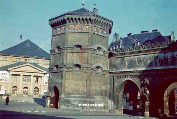 Isartor in Munich Germany 1940. Isar Gate.  Left is the Atlantik Palast Cinema. Formely Isartortheater, Destroyed in 1944.