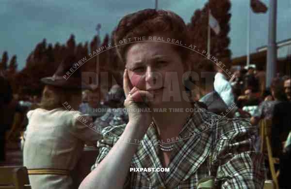 Lady sitting in restaurant beside Berlin Funkturm. Berlin Germany 1937.