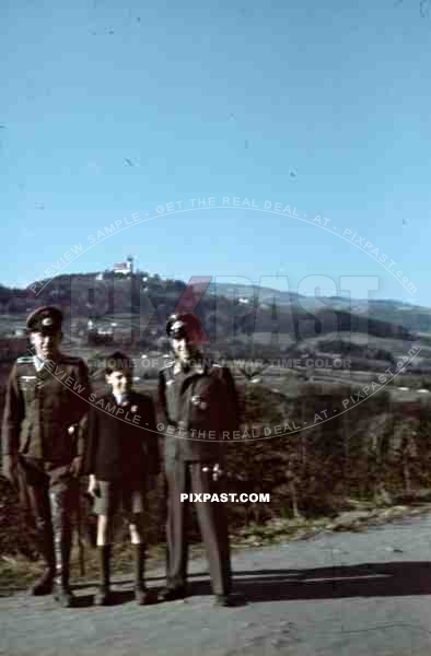 Linz, Ã–sterreich, Austria, 1942, View of Wallfahrtsbasilika on PÃ¶stlingberg. Luftwaffe and Wehrmacht officer, flight badge.