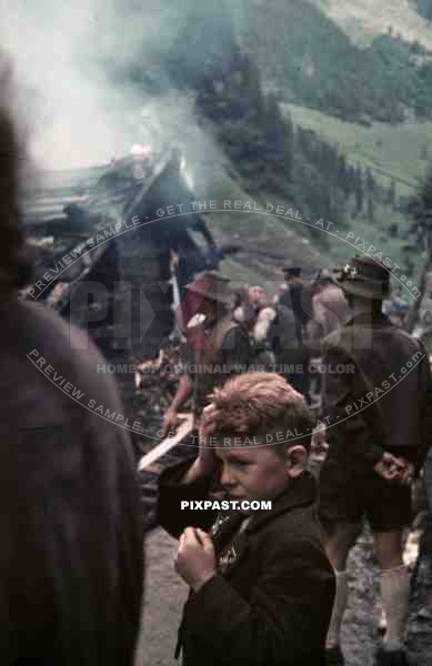 little boy hurt Austrian Pre War fire brigade in Uniform Helmet fight fire burning farm house Ginzling Austria 1939