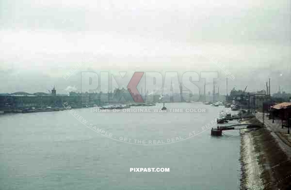 Ludwigshafen, Rheinland-Pfalz, 1939, View from the Rhine Bridge,  Harbour with boats.