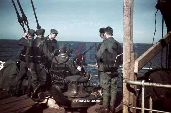 Luftwaffe Flak unit with 2-cm-Flak 38 cannon on board a troop ship sailing on the Mediterranean Sea to Libya 1941