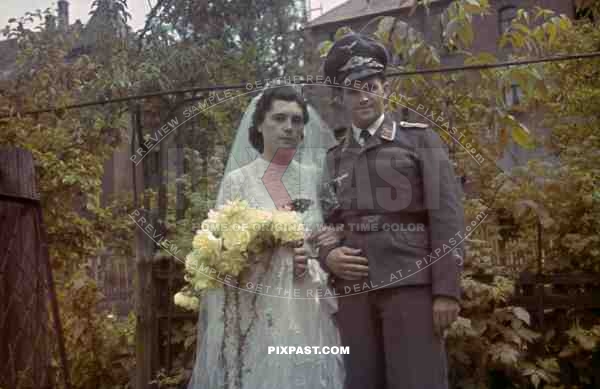 Luftwaffe Signals Radio Operator War Time Wedding Berlin 1943, Bride in Wedding Dress, belt buckle, cap, hat,