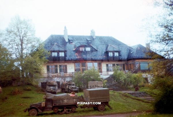 Mechanized troops of the 101st Cavalry Regiment capture Willy Messerschmitt family house in Murnau Bavaria 1945