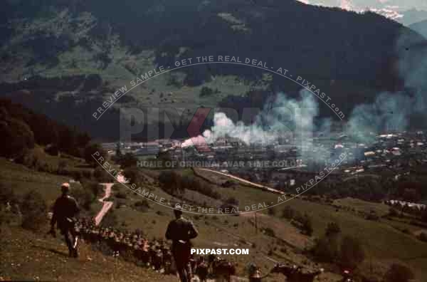 mountain troopers marching on the Trams in Landeck, Austria 1941, Pontlatz Kaserne