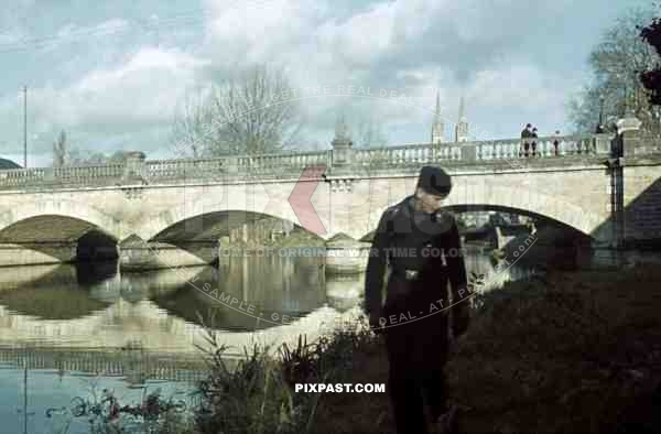 Niort France 1941, River SÃ¨vre Niortaise, in front of Pont Main. Church Saint-AndrÃ©. 22nd Panzer Division,