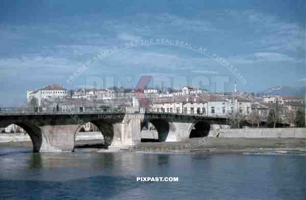 old stone bridge over the river Vardar in Skopje, Macedonia 1942