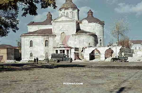 Opel Blitz truck outside Church, Hlukhiv, Ukraine, 3rd Panzer Division, 75th Panzer Artillery Reg, Dreifaltigkeits, Kathedrale