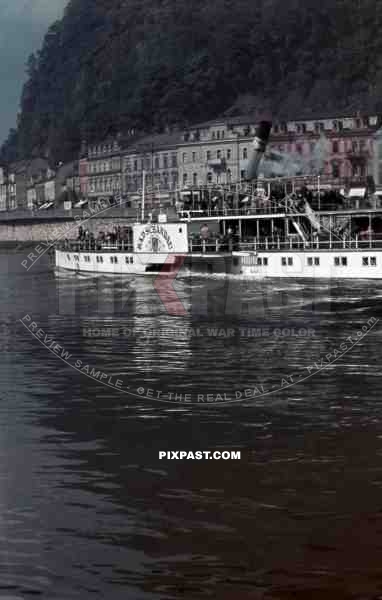 paddle steamer on the river Elbe in DecÃ­n, Czechoslovakia 1940