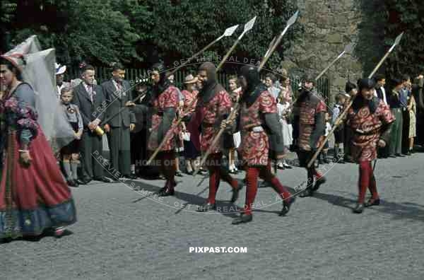 parade with medieval costumes during the "Heimatfest" in Waldheim, Germany 1939