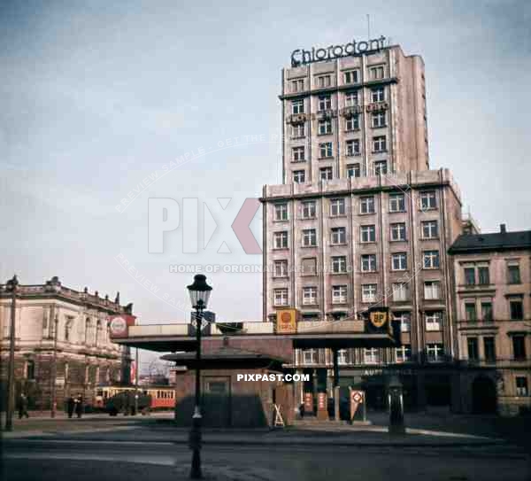 Petrol station in front of the Europahaus in Leipzig, Germany 1940