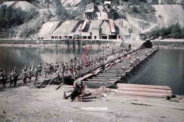 Pontoon bridge Crossing over the river Maas in Monthermé, France 1940