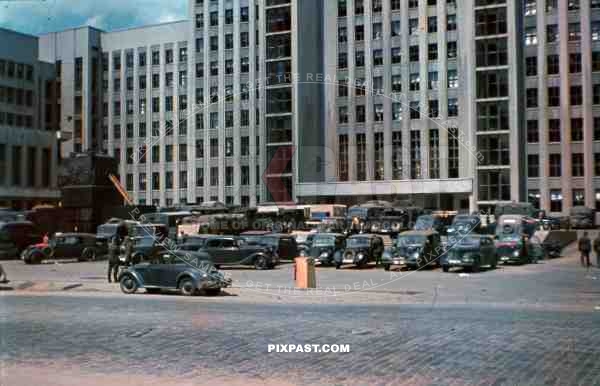 Russian Minsk 1941 summer Lenin Square parking  wehrmacht cars trucks flag statue monument communism