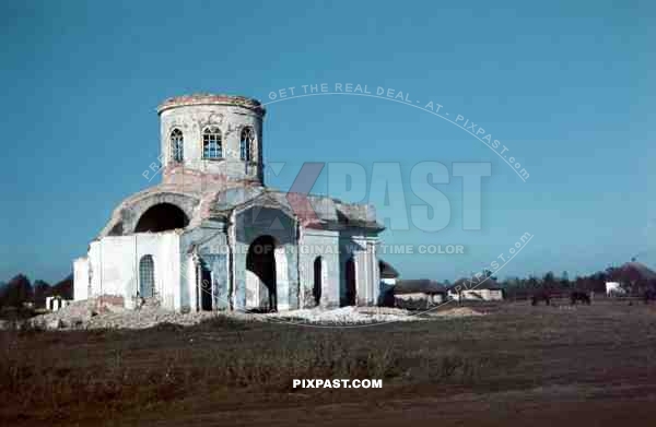 Russian Orthodox church bombed by German Luftwaffe Stuka attack. Russian front 1941