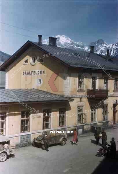 Saalfelden train station 1945, German Kubelwagen 82 beside American Willi Jeep, Albert Kesselring surrender. 