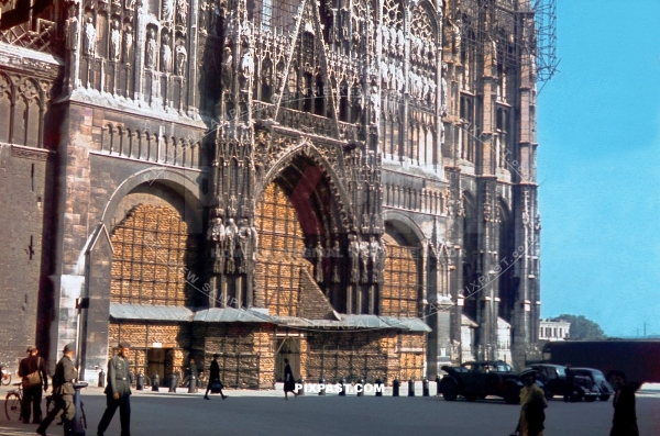 Sand bags protecting the entrance to Cathedrale Notre Dame de Rouen France 1940