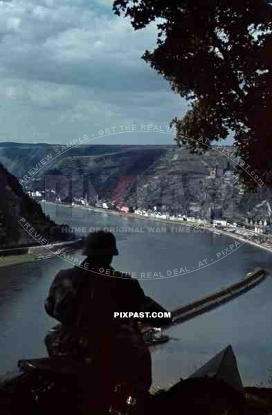 Sankt Goarshausen, Rheinland-Pfalz, Germany, 1941, Motor Bike Messenger Kradmelder, 22nd Panzer Division.