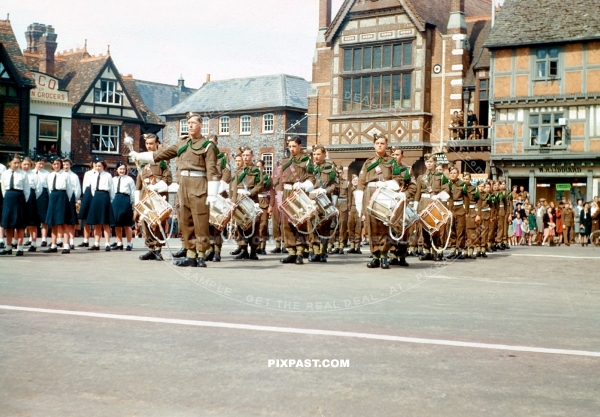 Scottish music army band performing in small town. With Scottish girl scouts. Scotland 1944. W.H. Liddiard