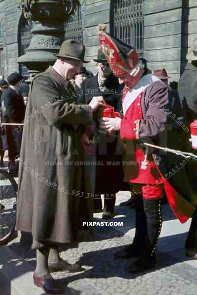 Soldier wearing period 1700 uniform. Collecting money for the Winterhilfswerk. Tag Der Wehrmacht. Zeughaus. Berlin 1940