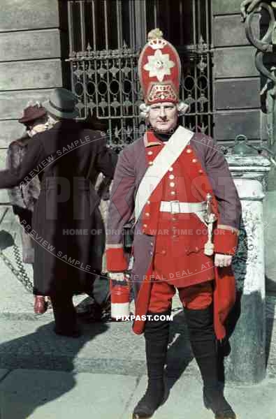 Soldier wearing period 1700 uniform. Collecting money for the Winterhilfswerk. Tag Der Wehrmacht. Zeughaus. Berlin 1940