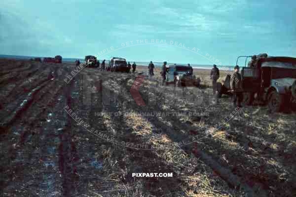 Supply convoy with captured British Morris CS8 Light trucks. 97. Jager-Division 1942 Rostow Russia