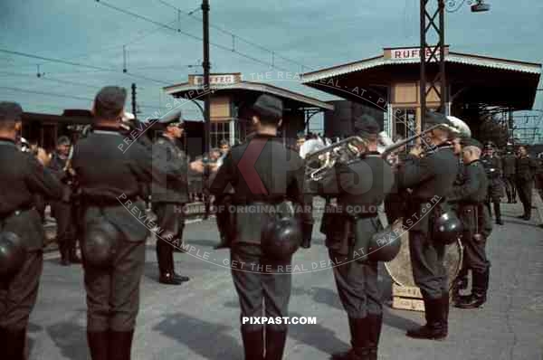 Train Station Ruffec France 1940, German Military Music Band playing for soldiers