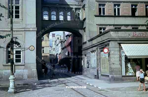 tram stop at the market place in Hirschberg, Poland ~1941