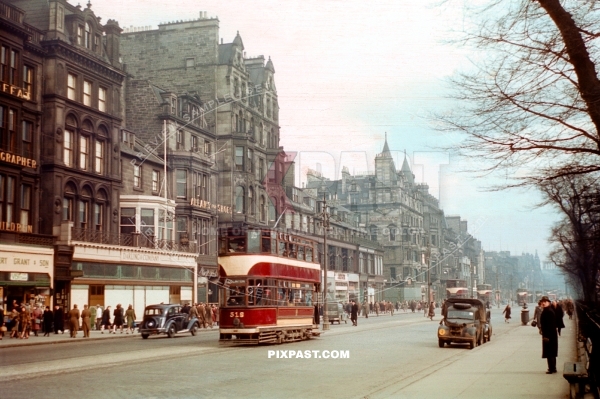 Trams in the middle of Princes Street Edinburgh Scotland 1944. Darling department store,  Lord Provost William Y Darling