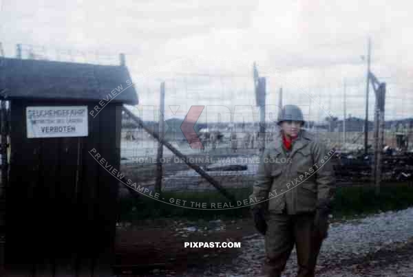 Troops of the US 101st Cavalry Regiment arrive at Landsberg Concentration Camp 1945.