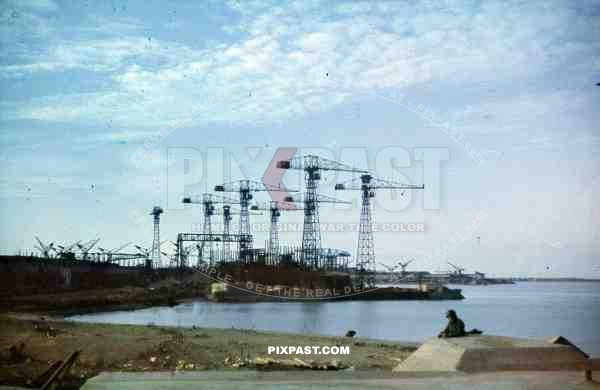 uboat kriegsmarine bunker construction cranes in Saint Nazaire, France 1942