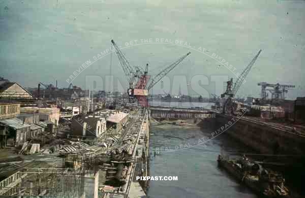 uboat kriegsmarine bunker construction cranes in Saint Nazaire, France 1942